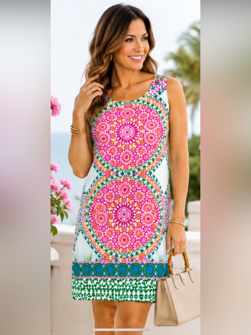 London Times Sleeveless Shift Dress Pink Green Medallion Print US 8 NWT